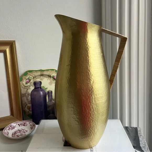 Anthropologie Hearthside Hammered Brass Tone Rattan Handle Pitcher Jug - Picture 1 of 10